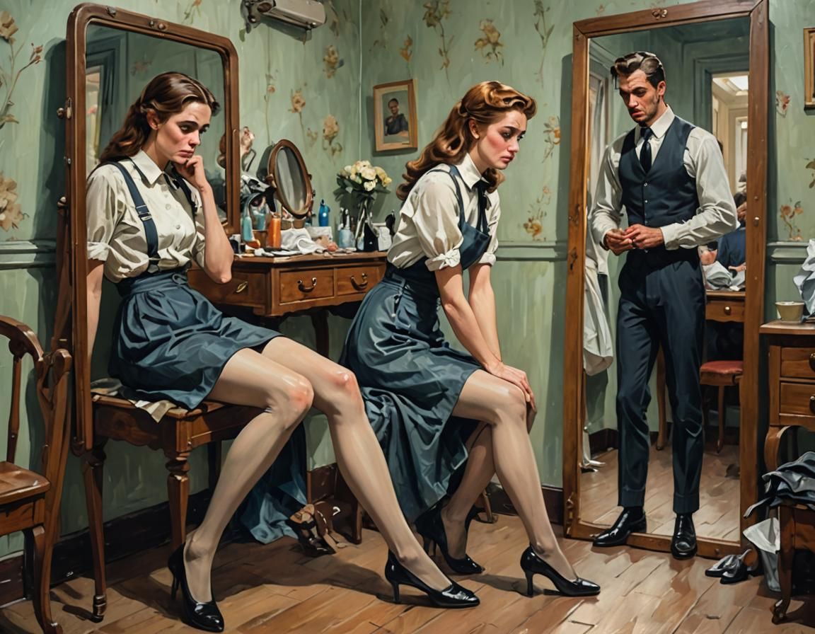 A very sad woman, she takes off the tights, she is in an art...