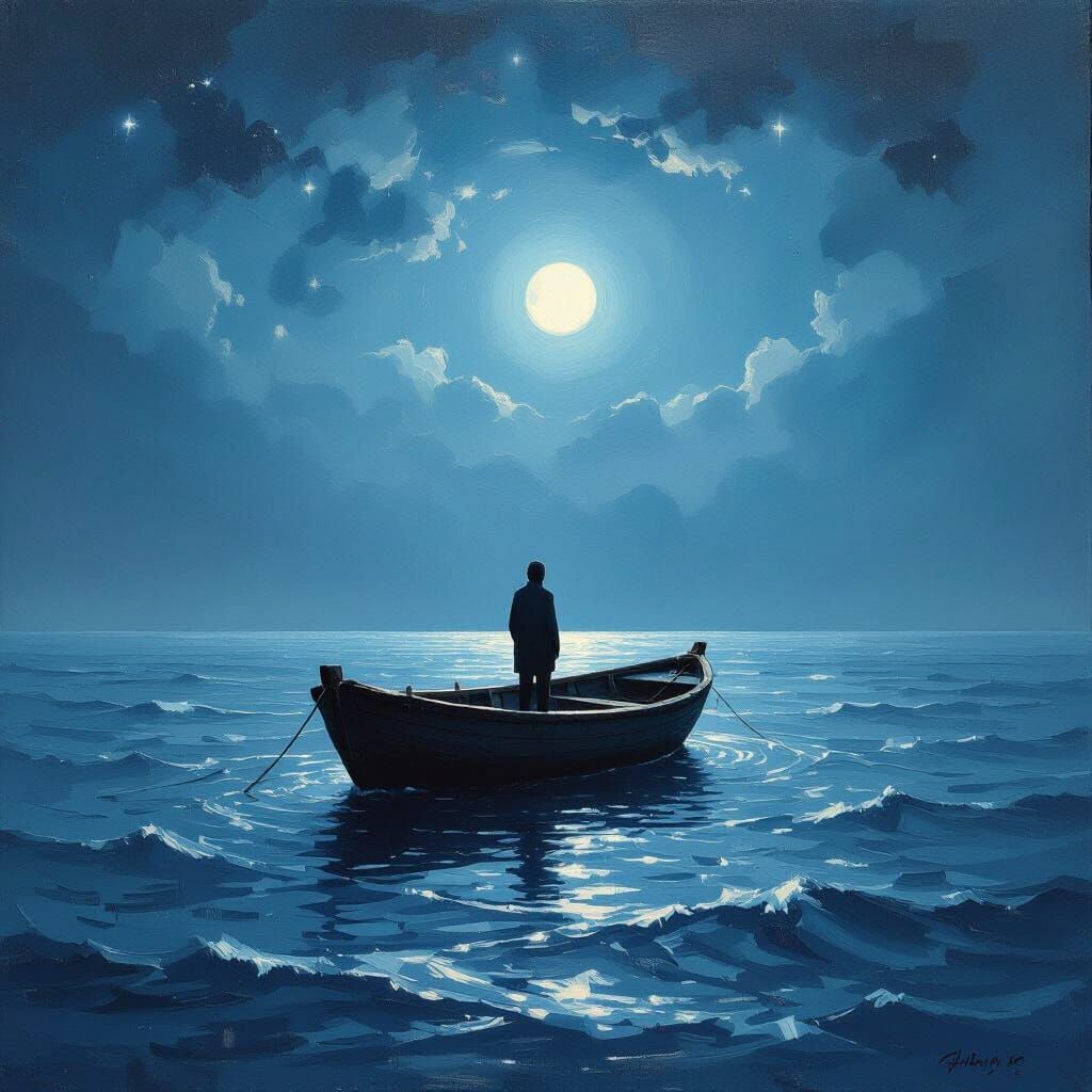 Solitary Figure on Boat Adrift in Starry Midnight Ocean