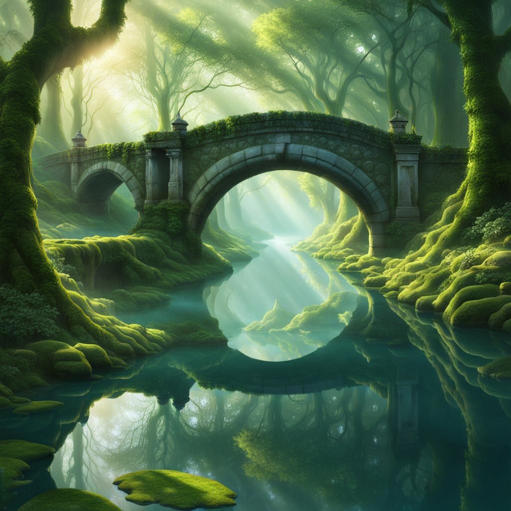 Imperfect Ancient stone bridge arching over a tranquil river