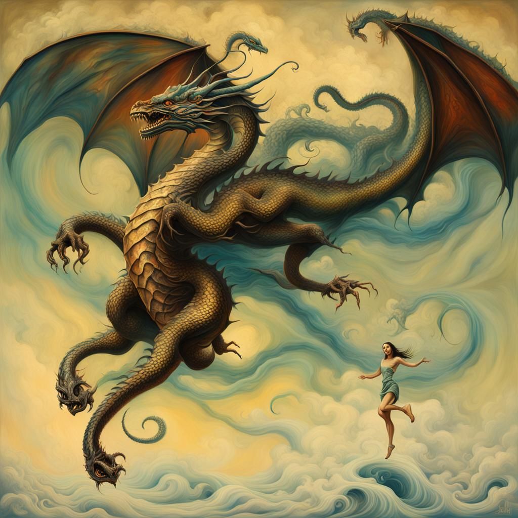 Flying Dragon with Tattooed Legs, Surrealist Oil Painting