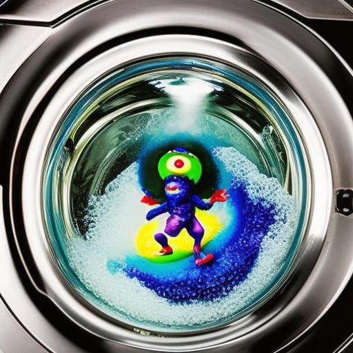 A washing Machine with a monster stuck inside during the wash cycle