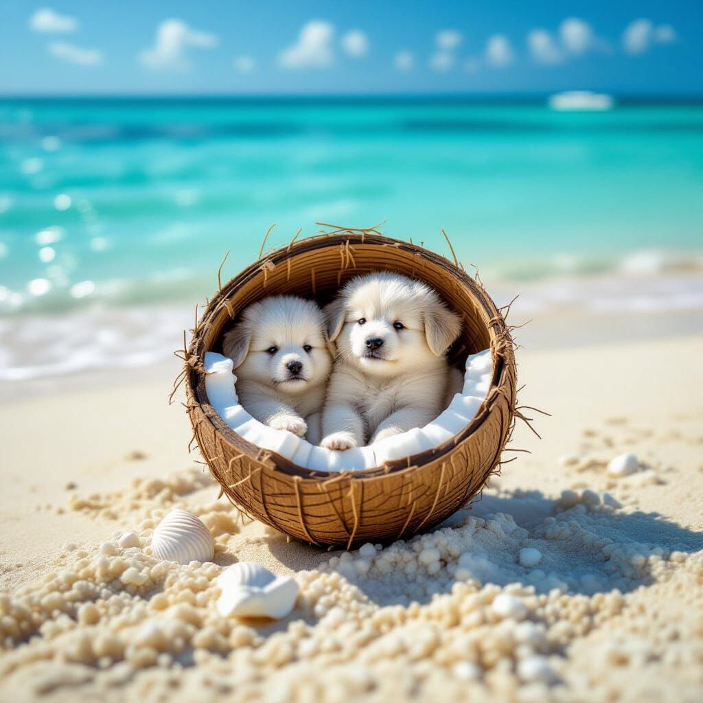 White Puppies in Coconut Halves on Beach