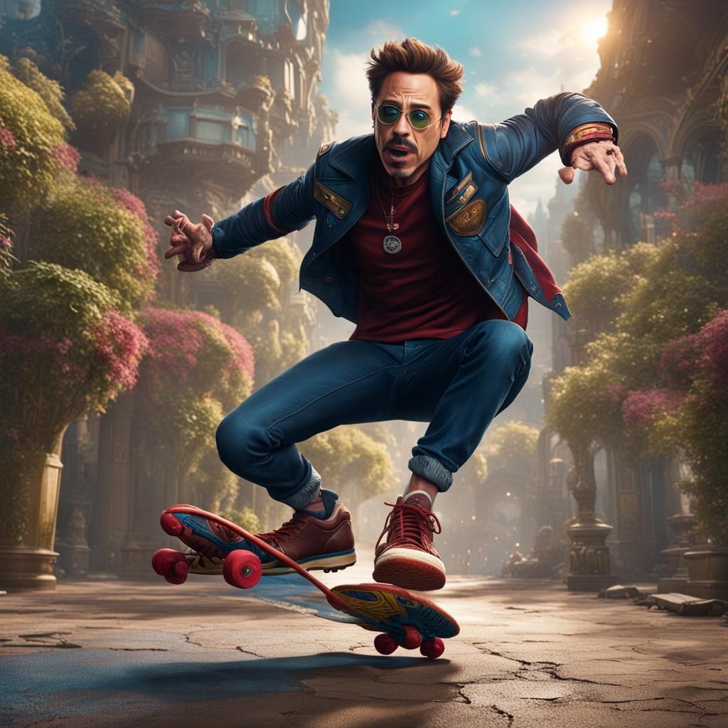 Robert Downey Jr. doing a kickflip