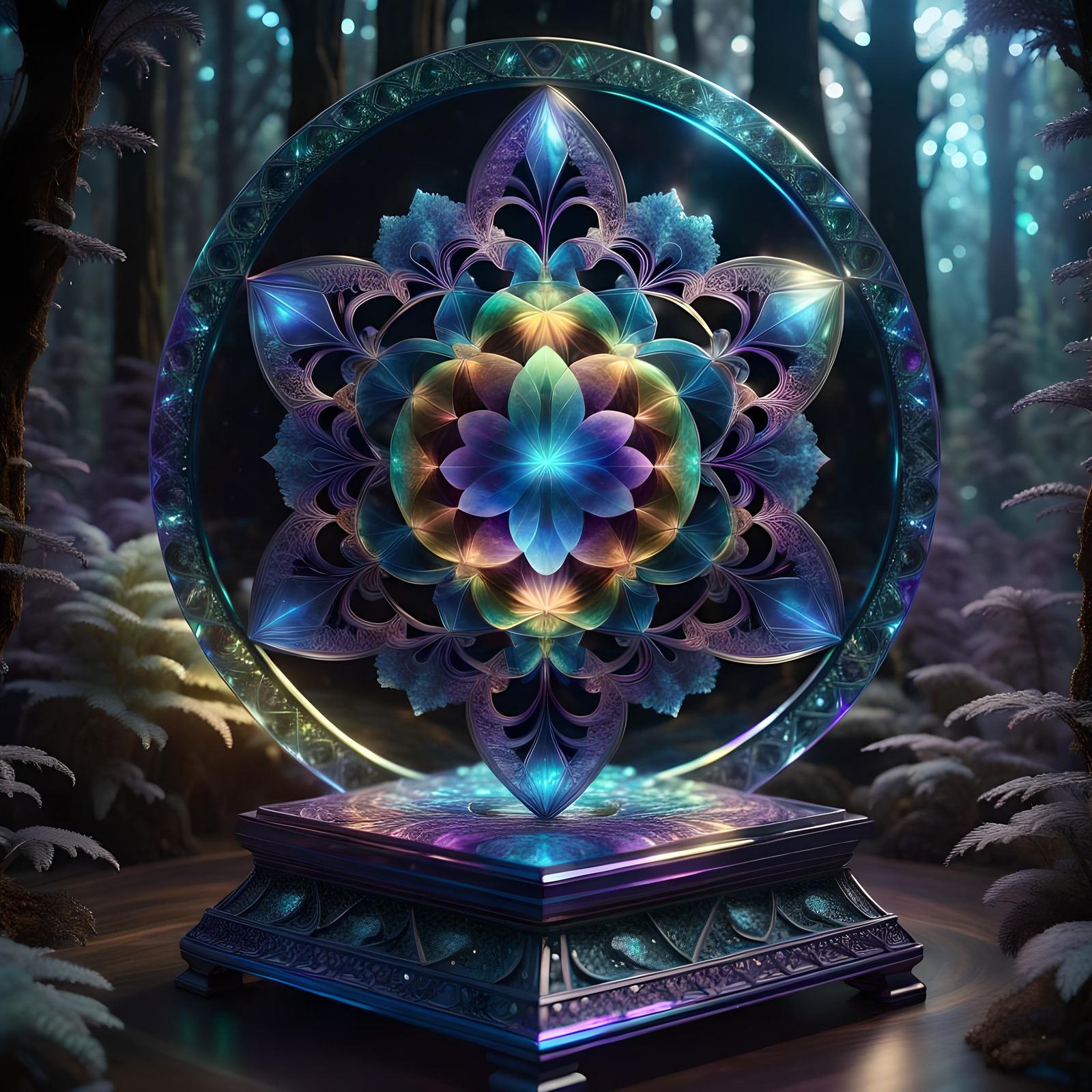 highly intricately detailed hyperrealistic shot of a shiny glowing rainbow iridescent (sacred geometry) ...  by @Far from helpless 