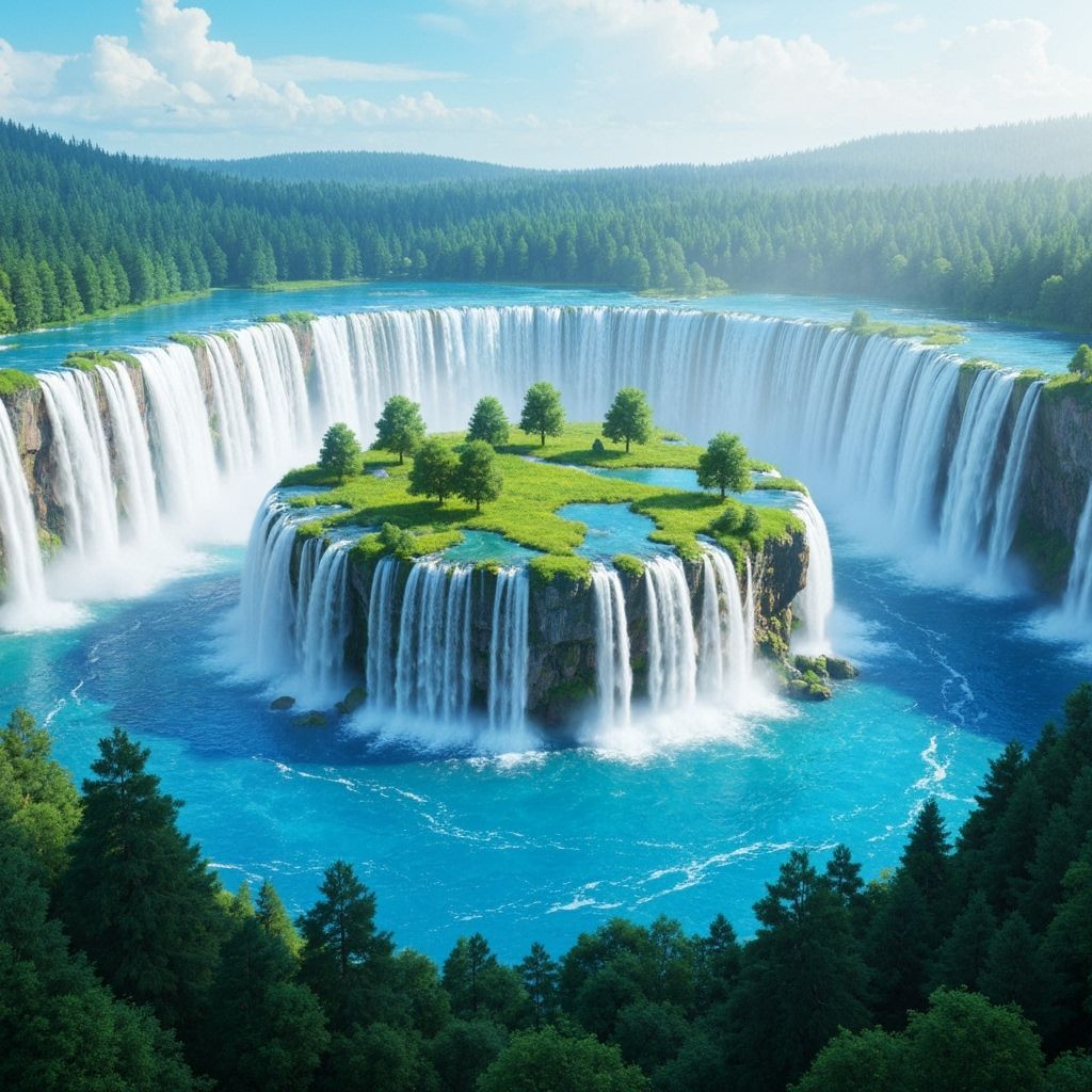 Hyper-Realistic Waterfall Scene in Circular Formation