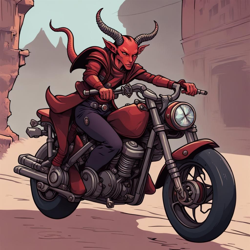 A tiefling riding a motorcycle