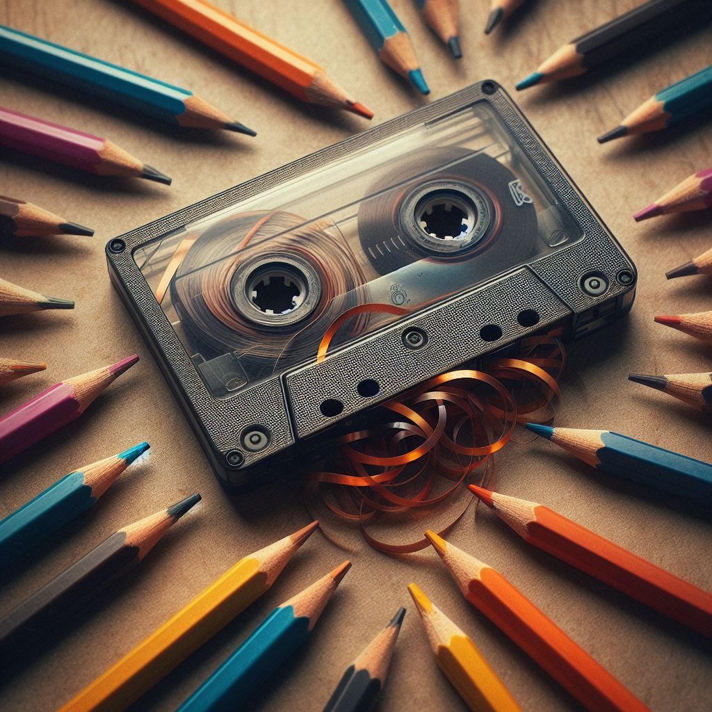 A vintage cassette tape and a pencil crayon