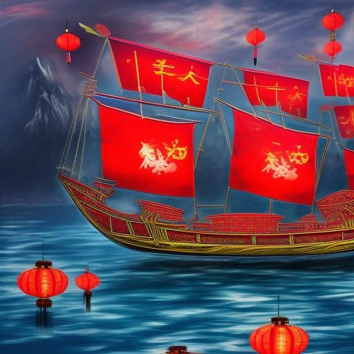 A Chinese junk boat adorned with red lanterns.