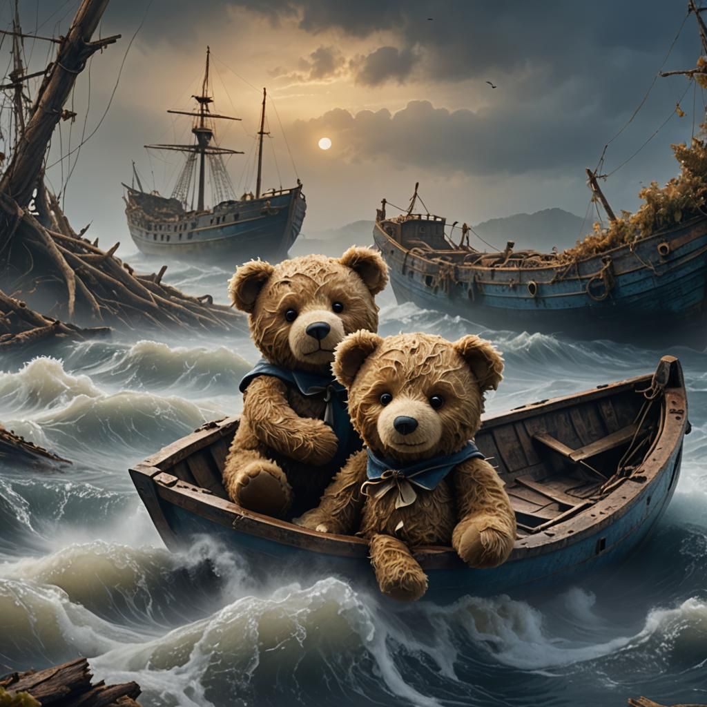 Adventurous Teddy Bear Navigating Misty Wave: Fantasy Art