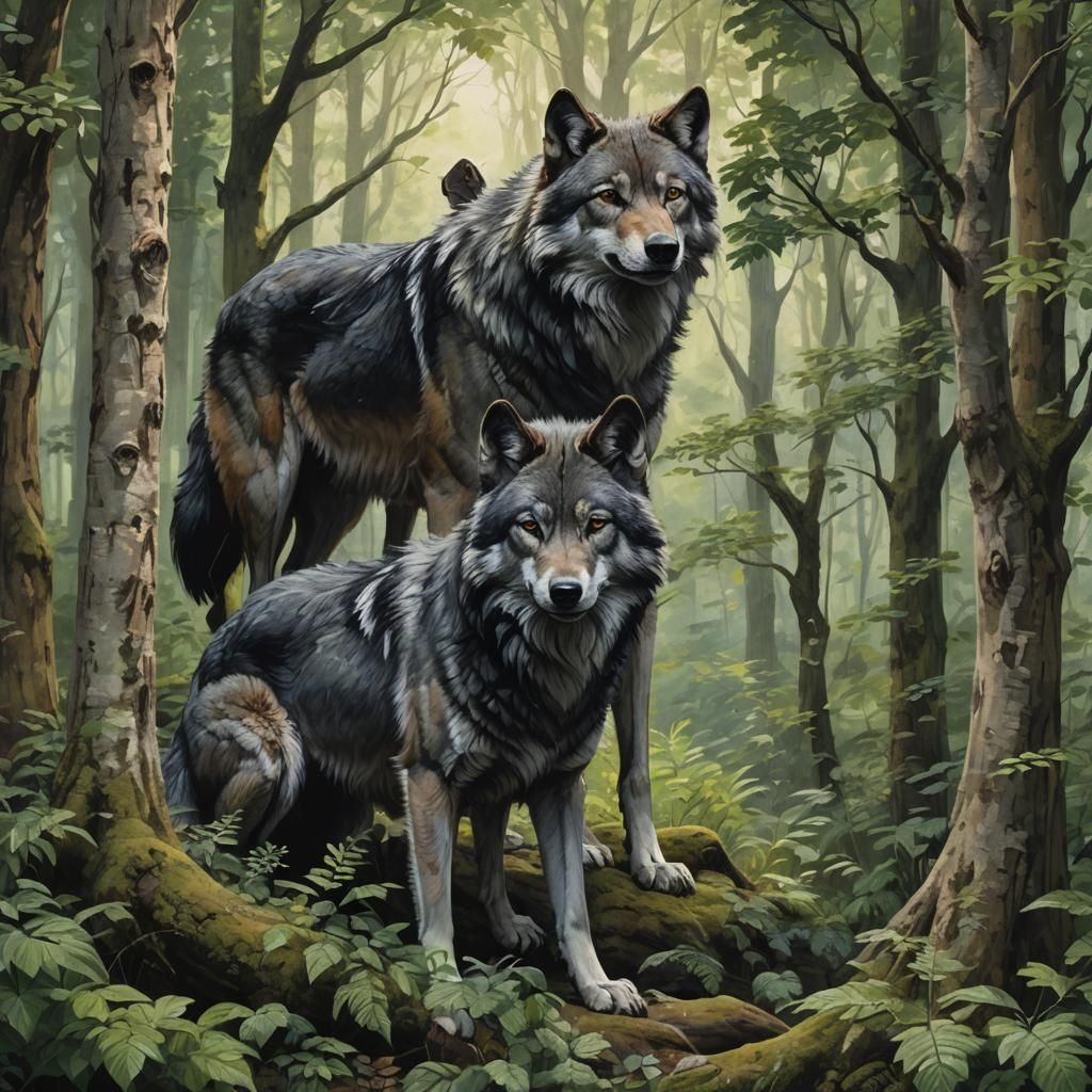 In the heart of the forest's embrace, a male and female wolf...