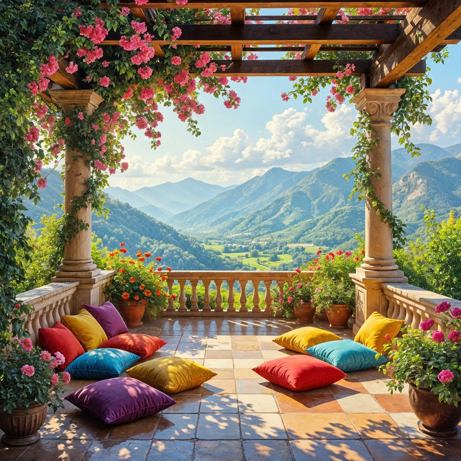 An elevated terrace overlooks a sunlit valley.
Ornate cushions rest beneath flowering vine canopy.
Birdsong ...  by @KomBib