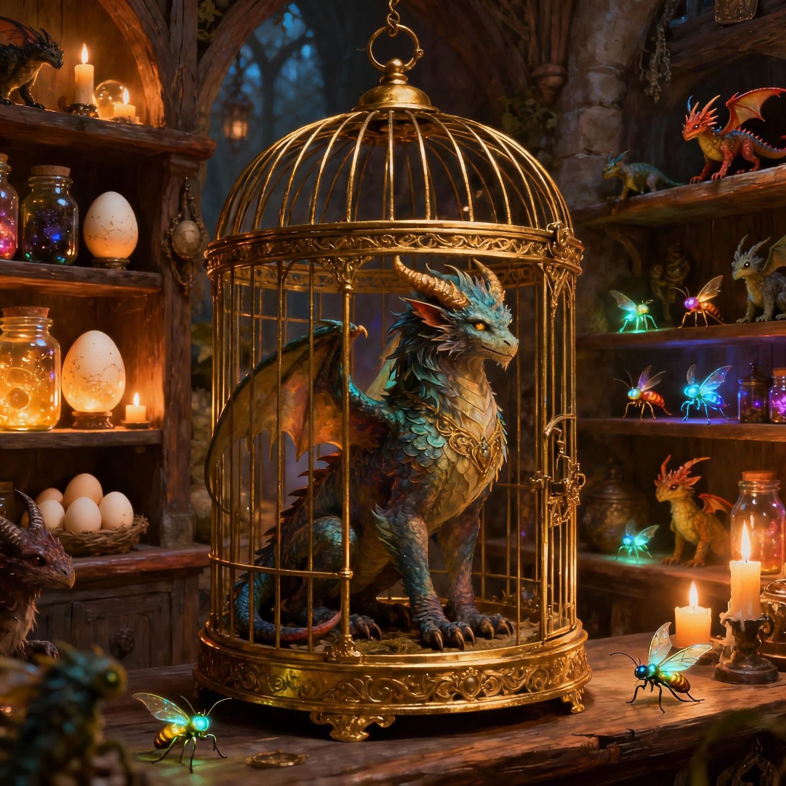 a mysterious chimera dragon inside a golden birdcage  by @toitoitoi