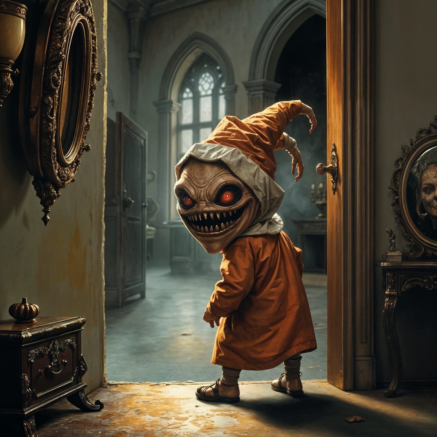 a mimic playing trick-or-treat in the hall of the crimson king. while looking as a child, the mimic fangs and evil eyes must be visible on i...