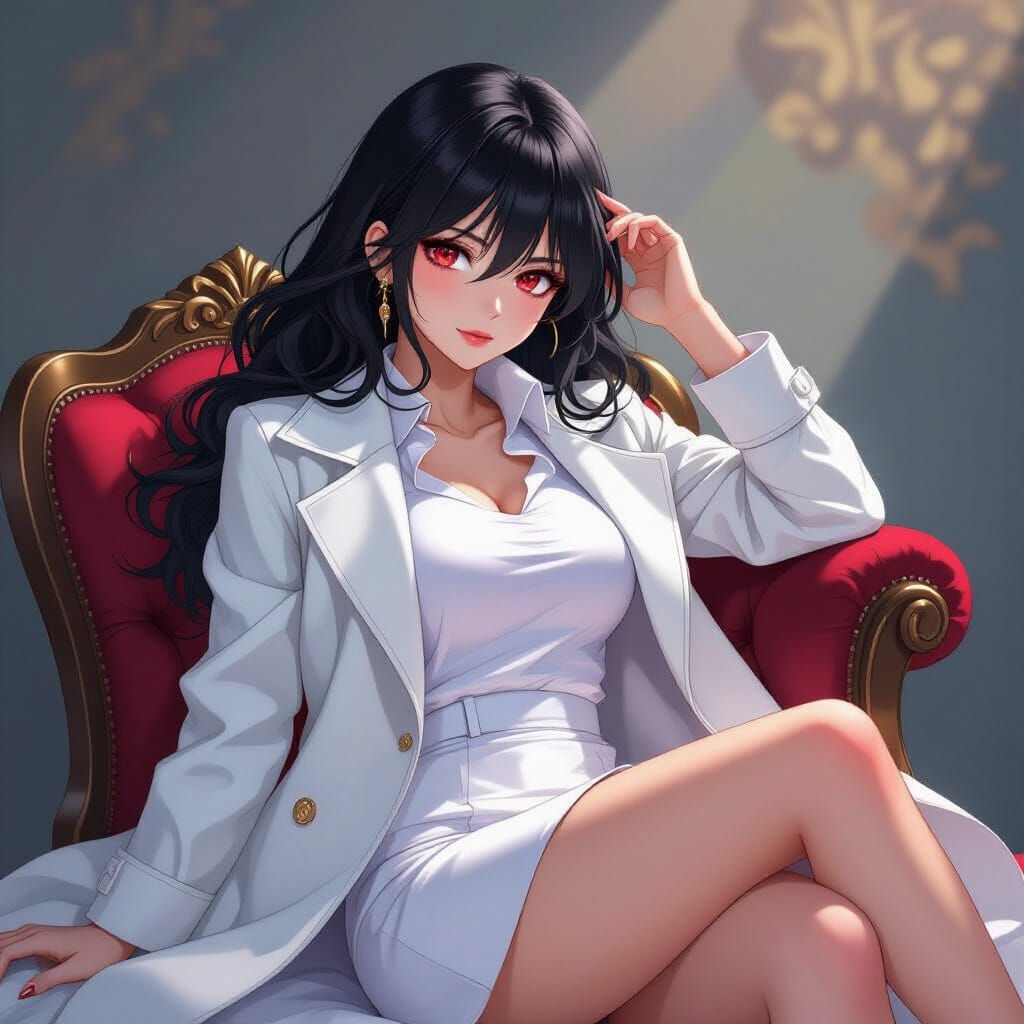 Anime Woman in White Reclining with Dynamic Lighting
