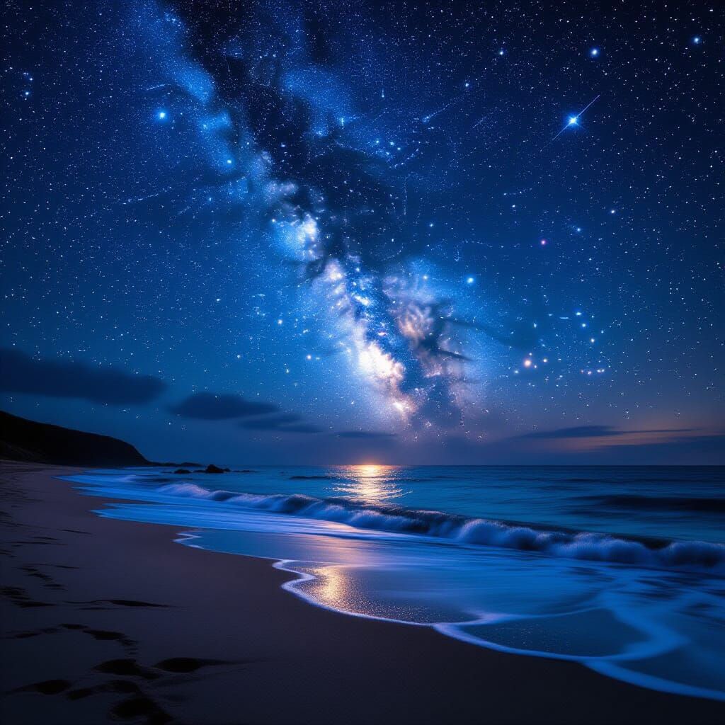 Starry Night Sky Over Ocean Beach with Meteor Shower