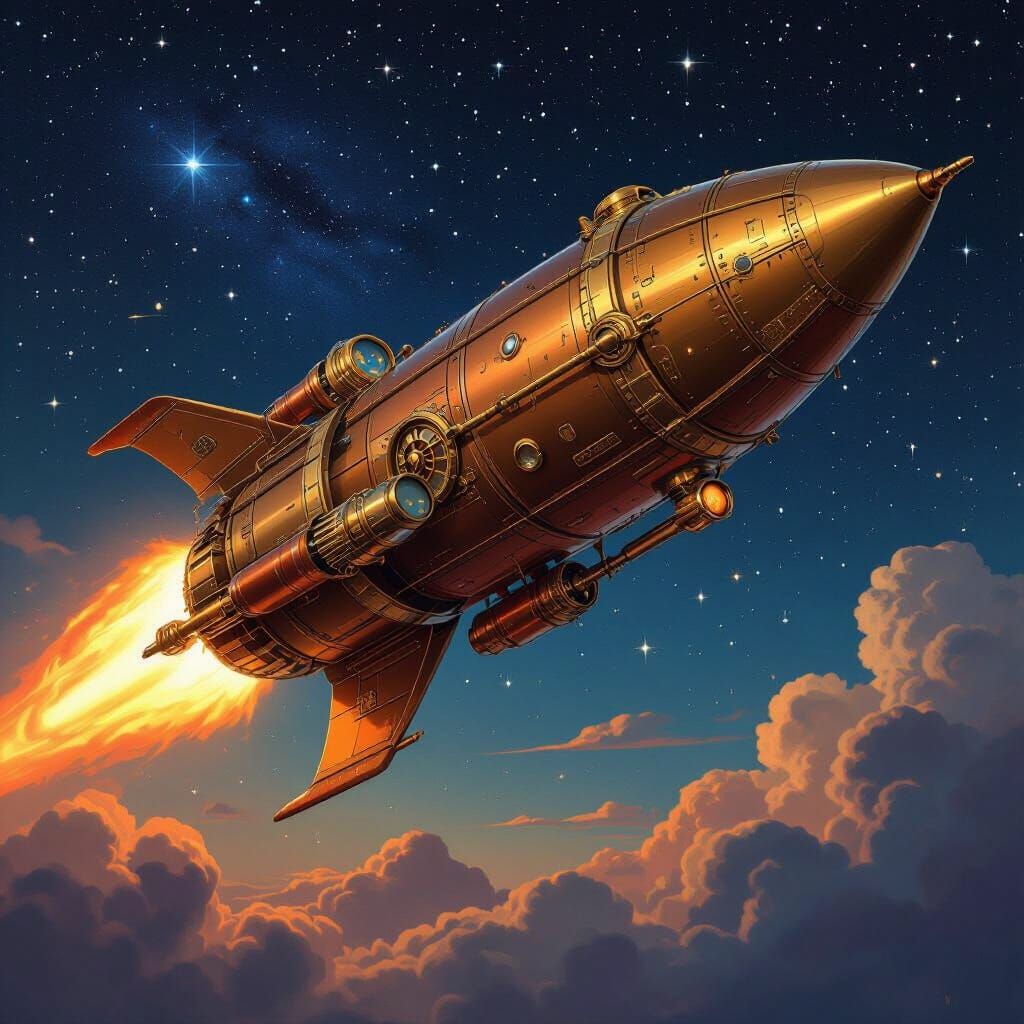 a majestic steampunk rocket ship taking off into space, with intricate design and a cool, clean, glossy finish