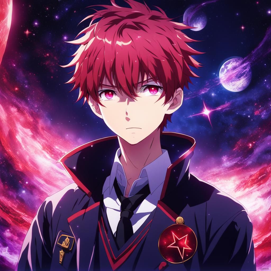 Student boy with scarlet red hair, purple stary eyes, dark b...