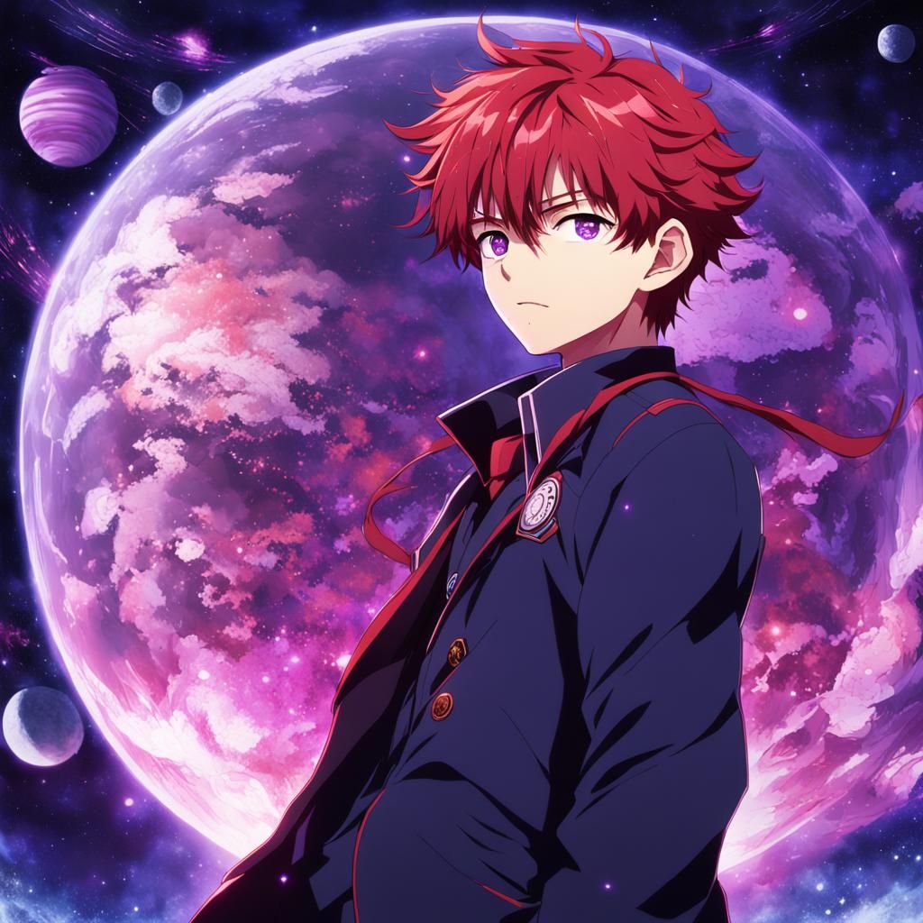 Student boy with scarlet red hair, purple stary eyes, dark b...