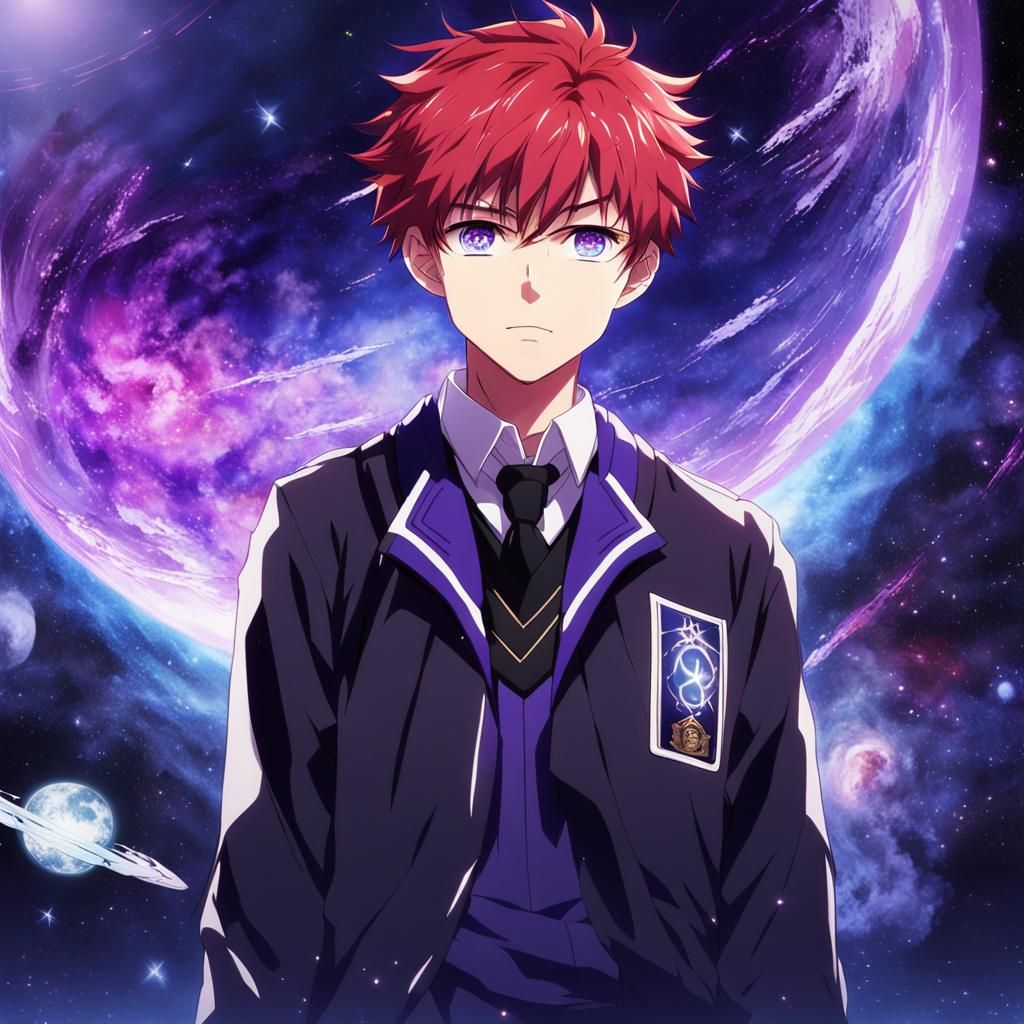 Student boy with scarlet red hair, purple stary eyes, dark b...