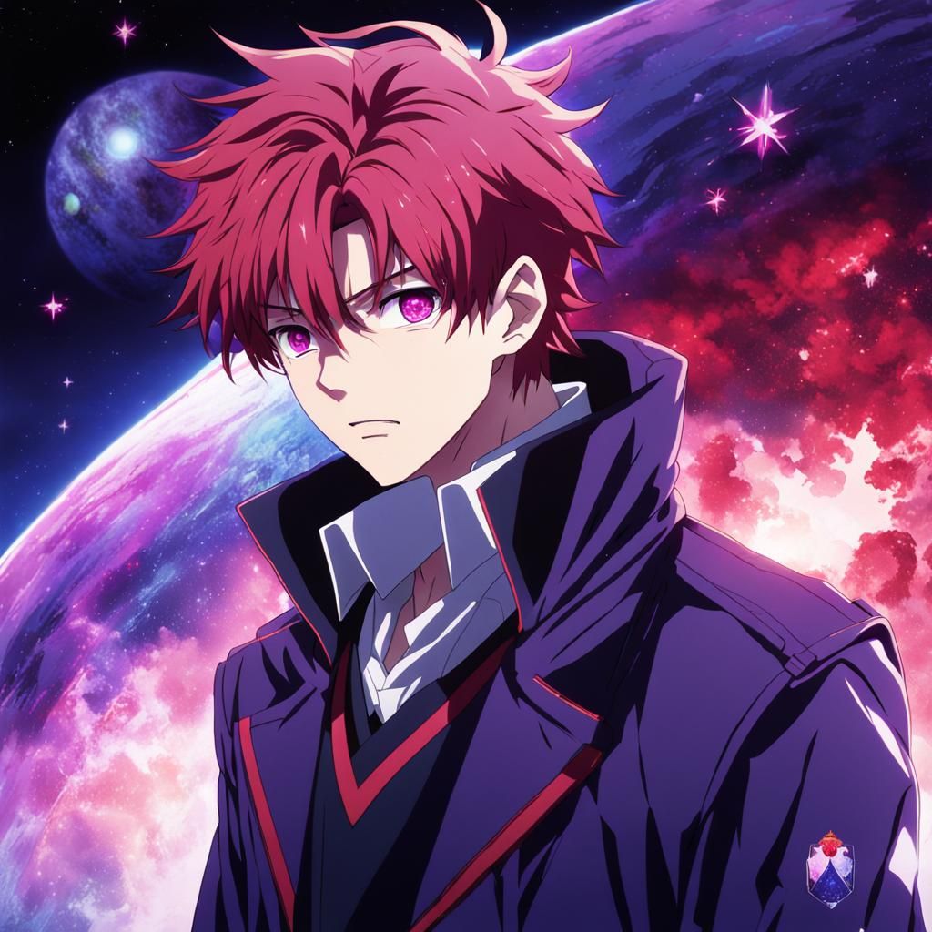 Student boy with scarlet red hair, purple stary eyes, dark b...