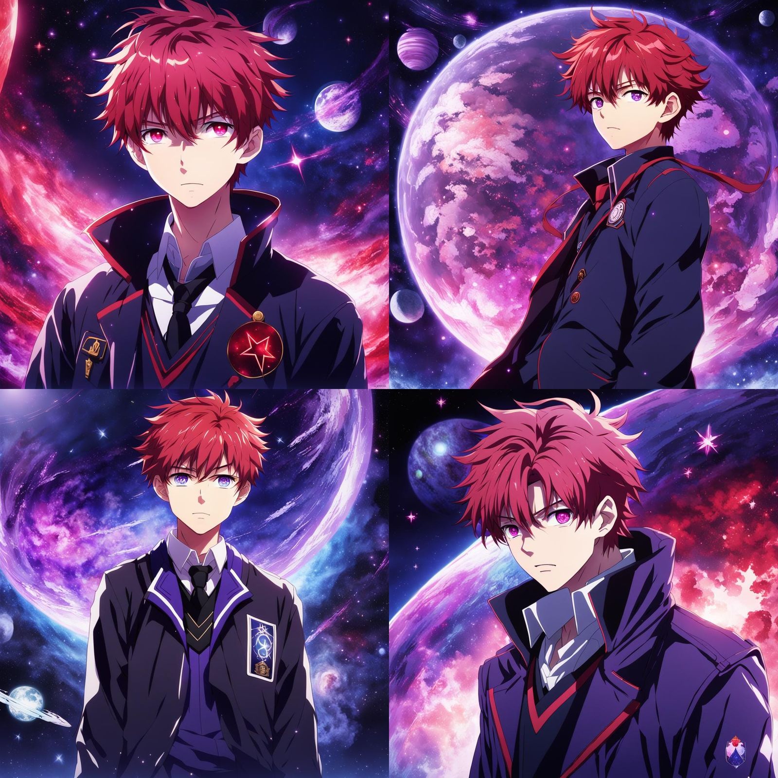 Student boy with scarlet red hair, purple stary eyes, dark b...