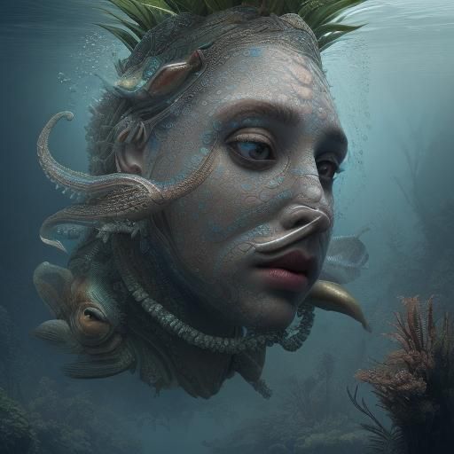 Aquatic theme of a gourami with a human face, Epic cinematic...