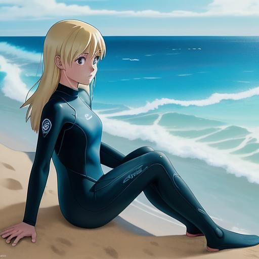 Female surfer, wearing wetsuit, on beach, sitting and lookin...