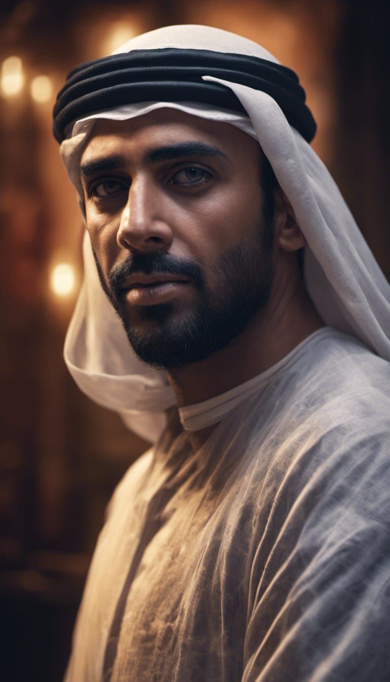 An arab muslim man alone in a dark room, looking at the came...