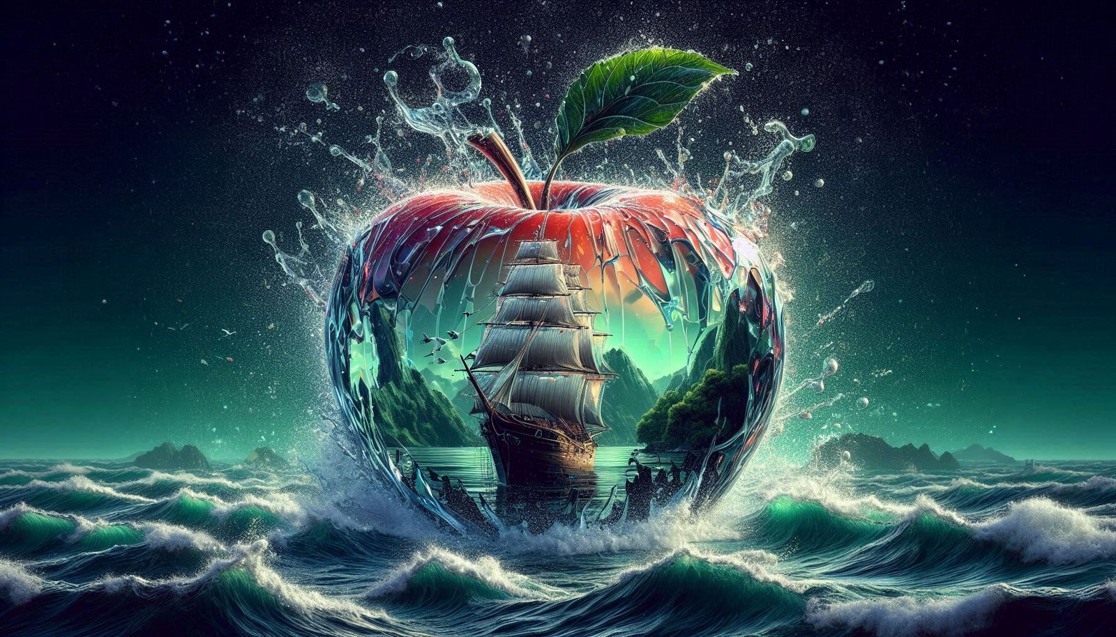 Artwork of a crystal apple with a sailing ship inside