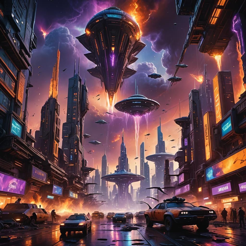 Alien Spaceship Battle in Futuristic City