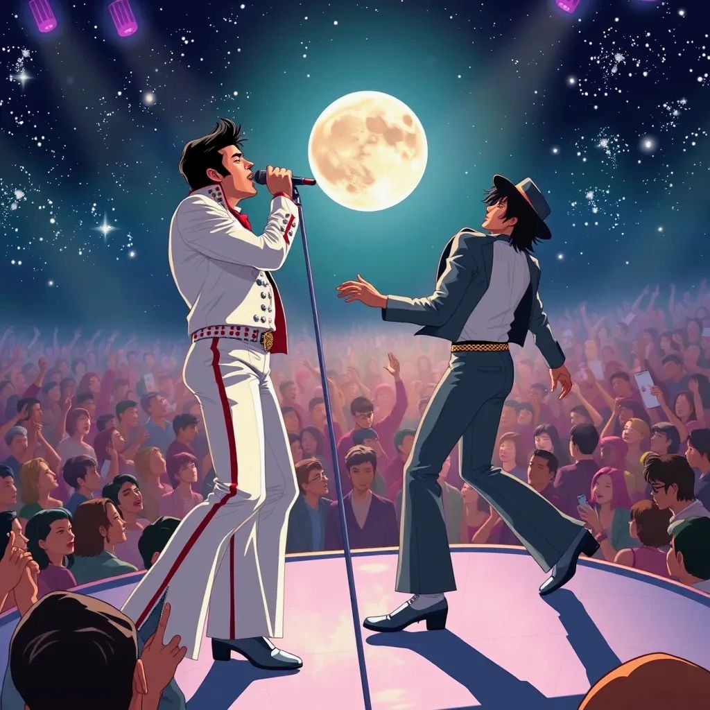 Realistic anime of Elvis Presley singing and Michael Jackson...