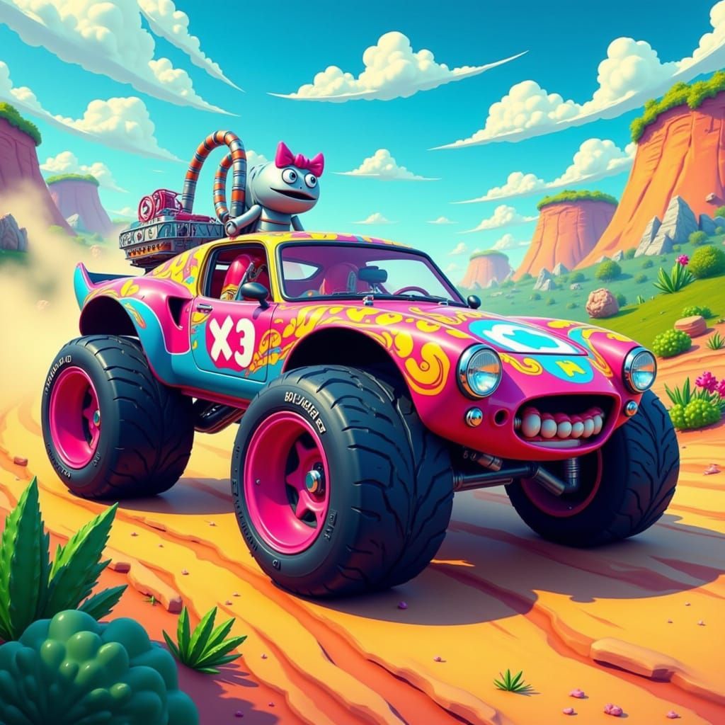 Splash art. Close up. A quirky, cartoon-style car with oversized wheels and wild colors speeds through a whimsical landscape. The car is ado...