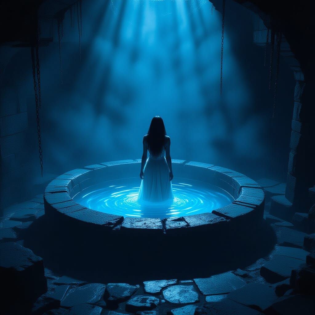 Pale Woman Emerges From Eerie Blue Glowing Well