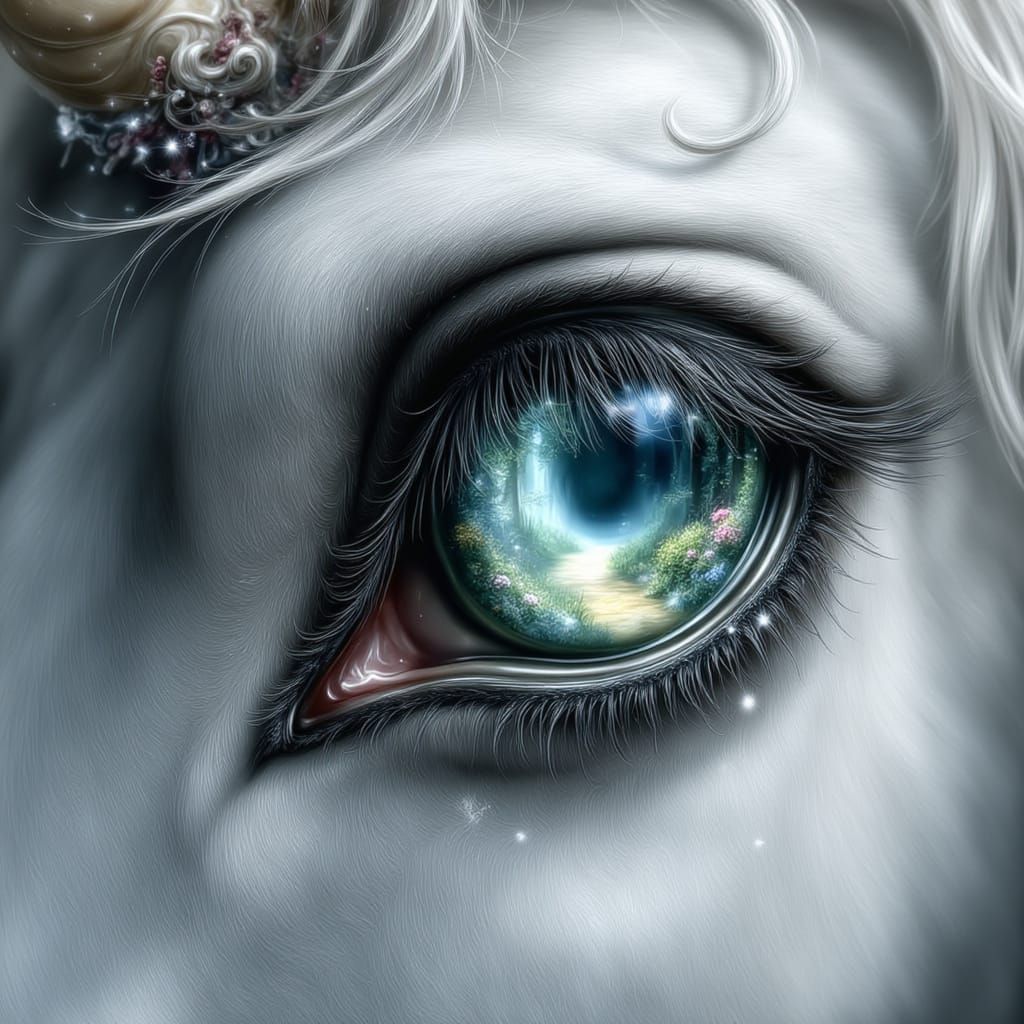 Ultra-detailed close-up of a white unicorn’s eye, hyperrealistic and luminous. Inside the unicorn’s iris, a glowing enchanted forest appears...
