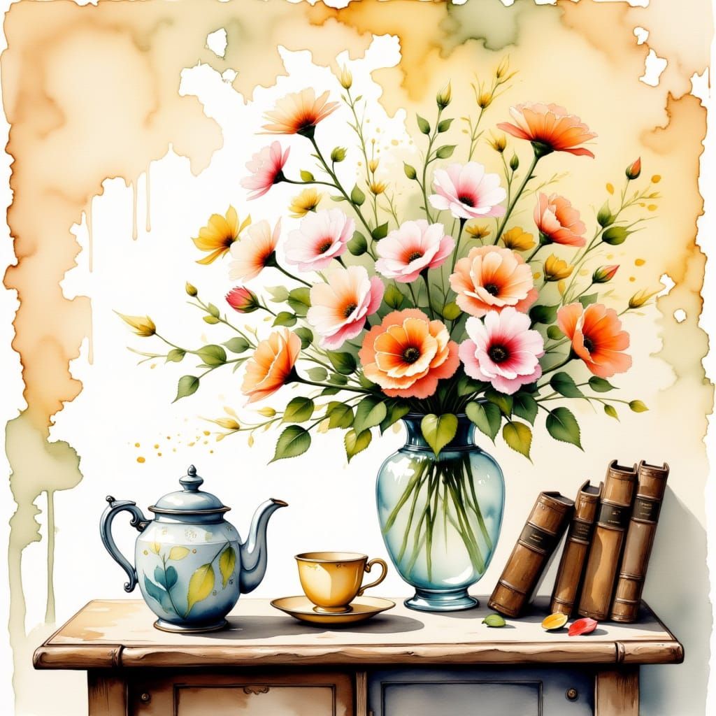 Wooden able with teapot ,flowers, and antique books