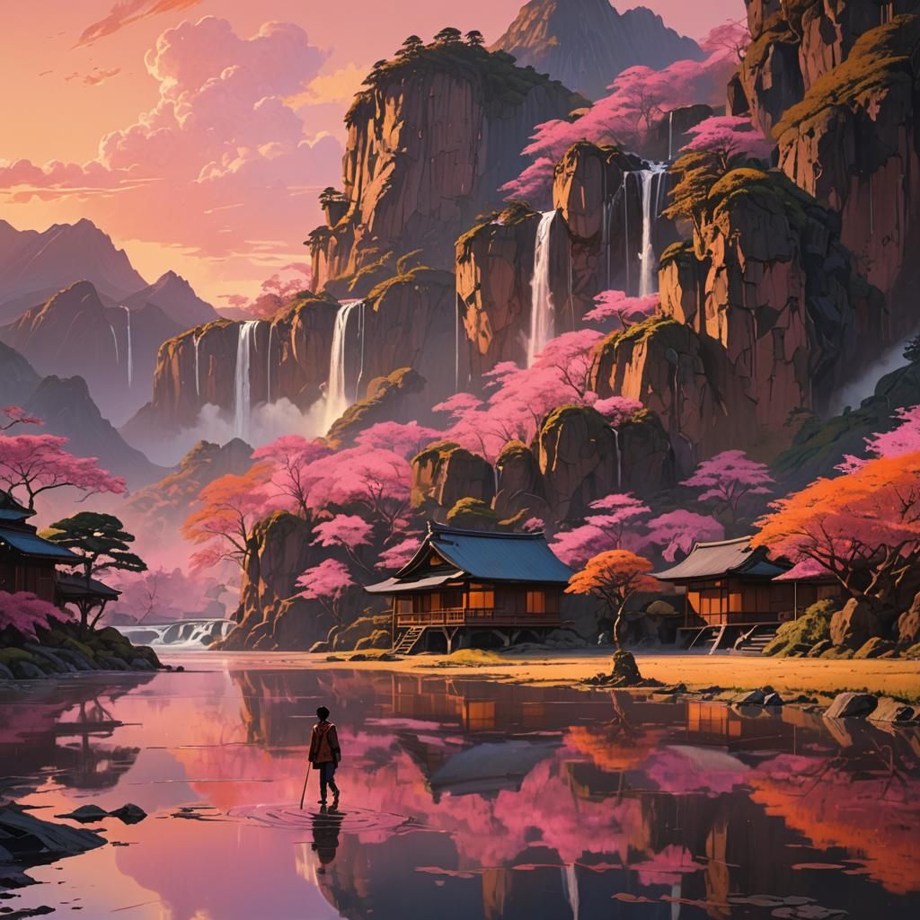 A Japanese boy walking in a shallow lake next to a mountain with a water fall and a house include a sunset
