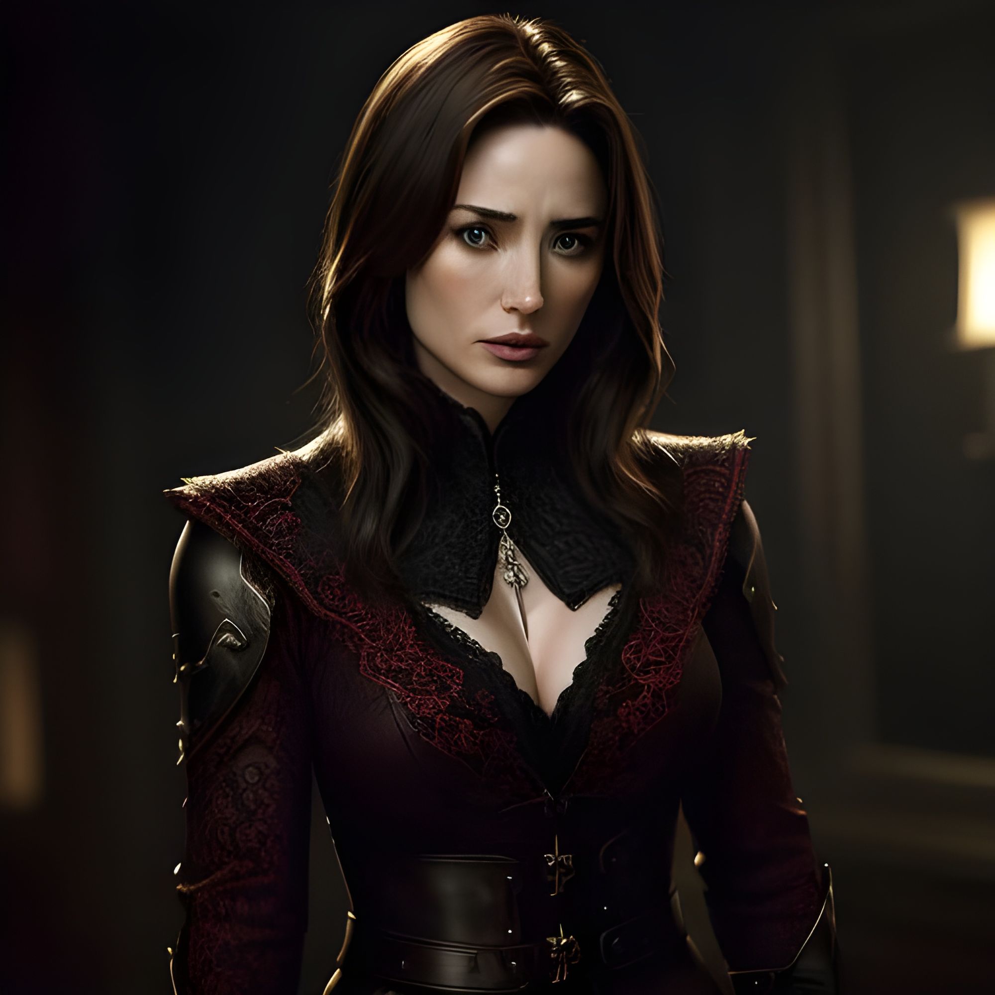 claire forlani welcoming hellish backround intricate details, HDR, beautifully shot, coulorful, sharp focus, 64 megapixels, perfect composit...