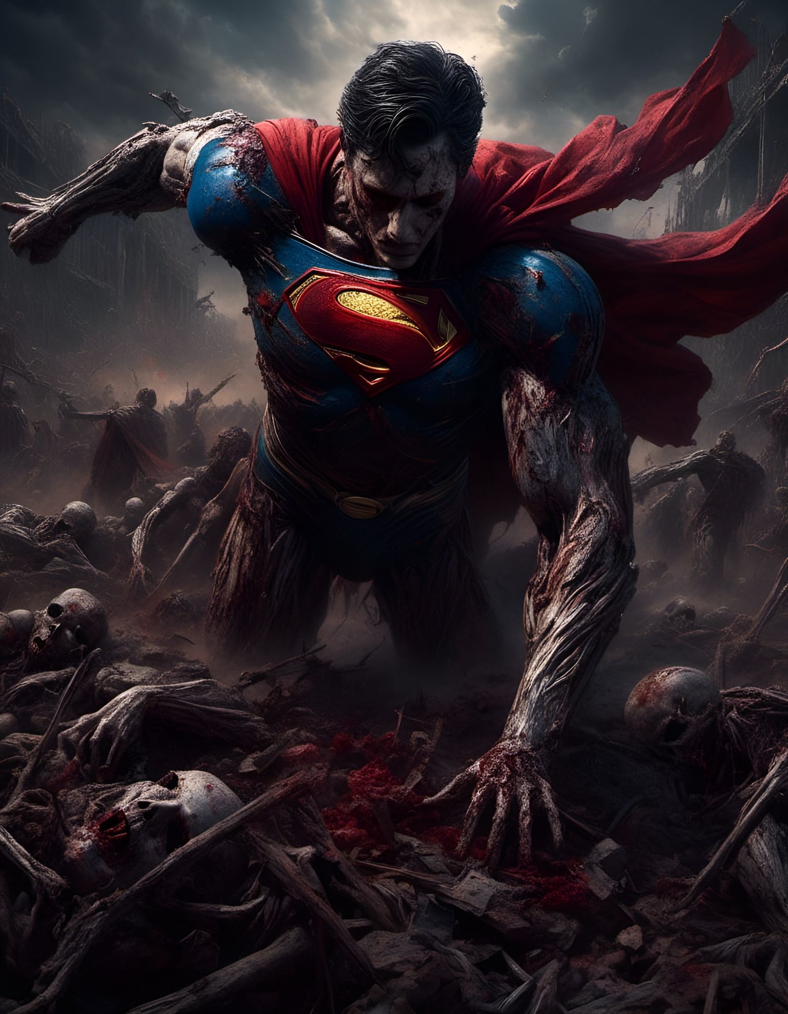 <lora:Decay:1.0> undead zombie Superman , 3d art, 16k resolution, concept art, masterful render, deviantart, perfect composition, hyperreali...