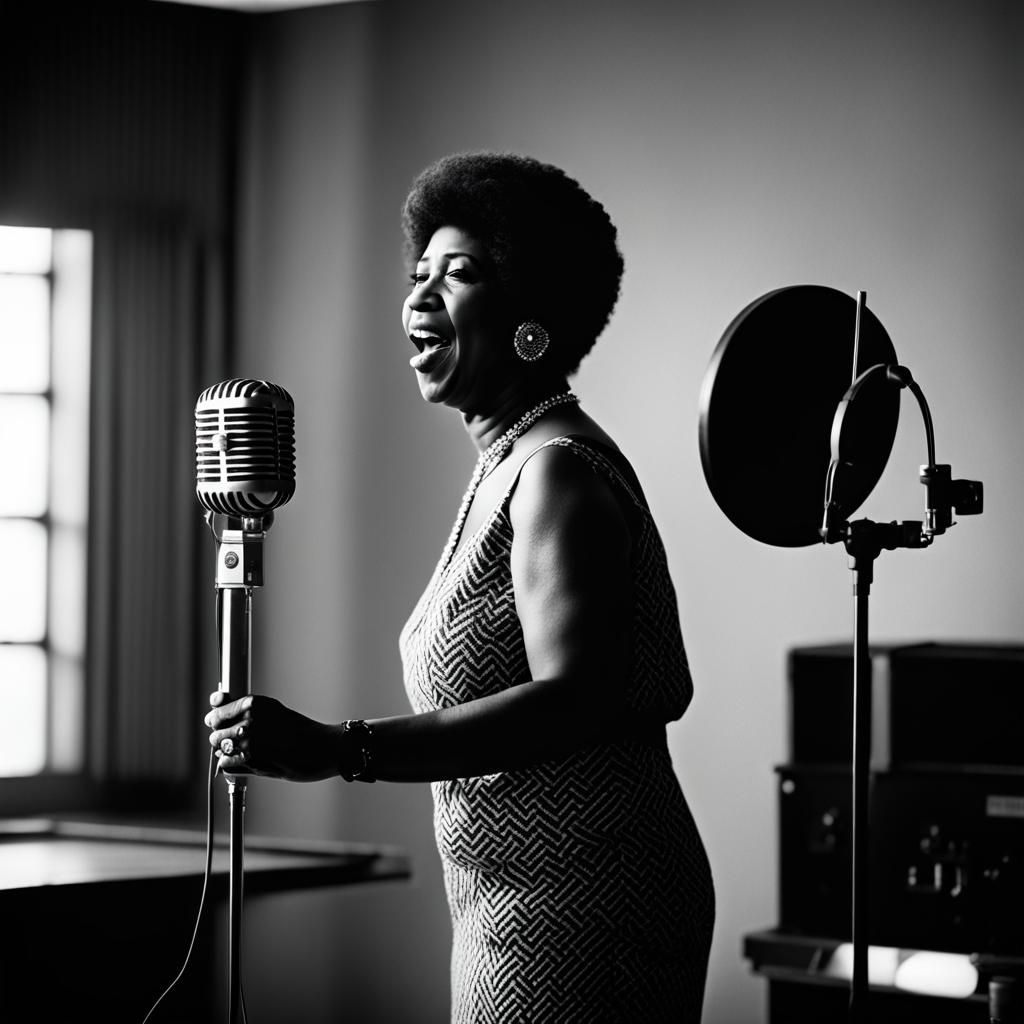 Natural woman recording a song with a beautiful vintage micr...