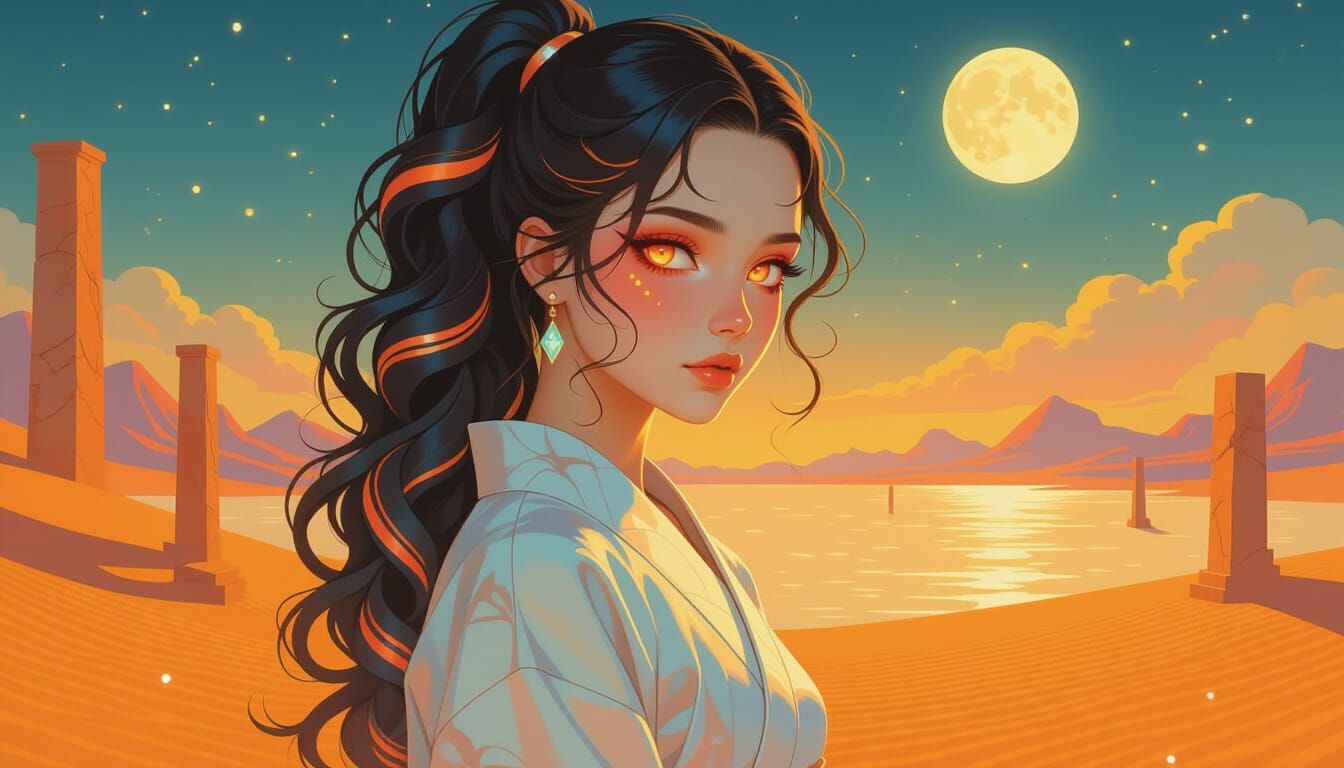 bright surrealism art. side portrait. bold colors, gradients, realism drawn. A young female, with hypervivid iridescent ...