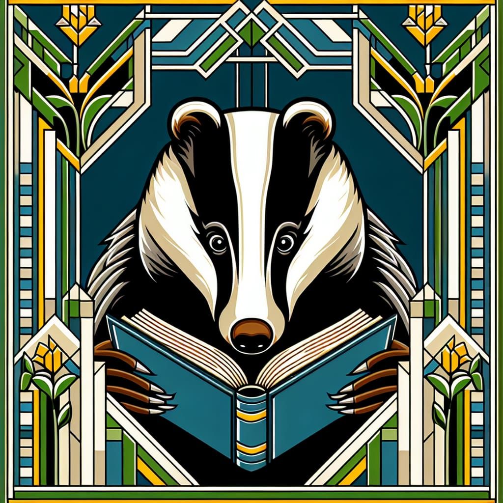 badger reading a book art deco intricately detailed movie po...