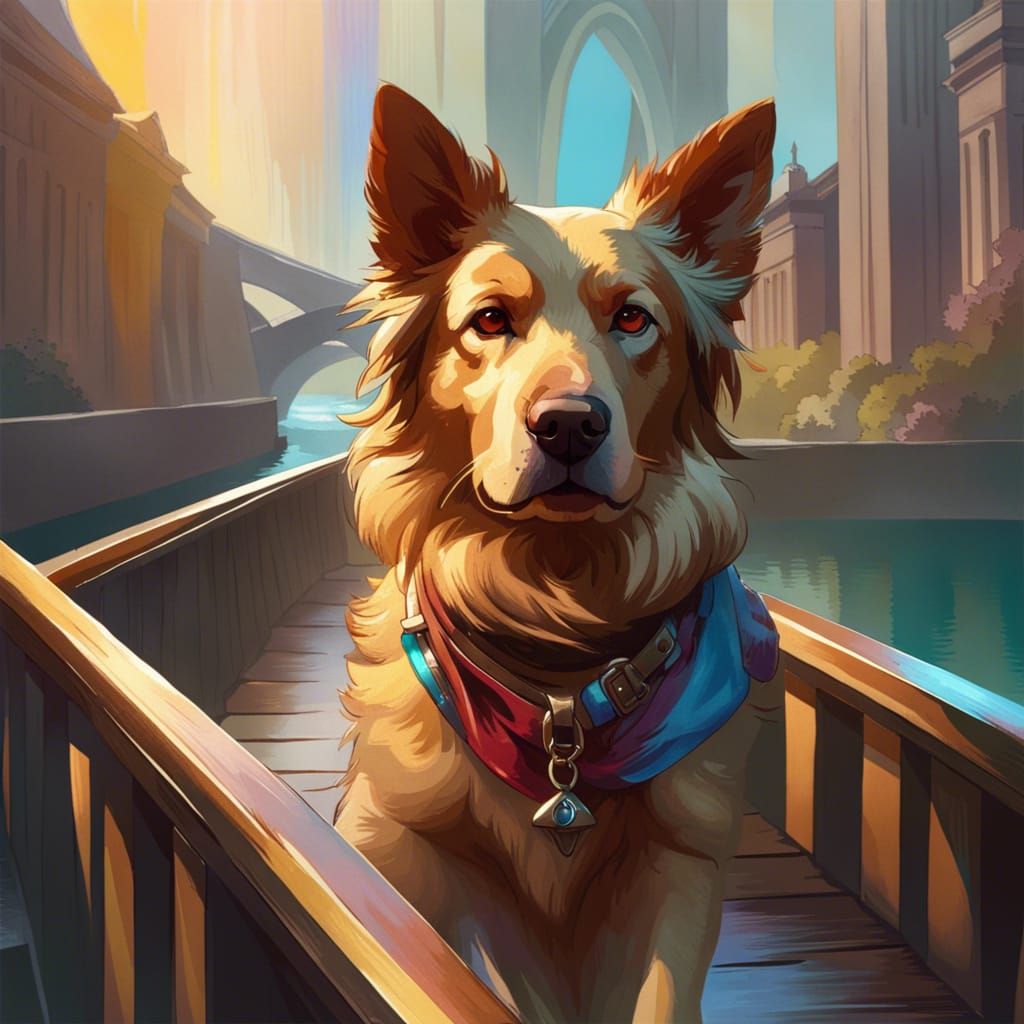 a dog was walking across the bridge
