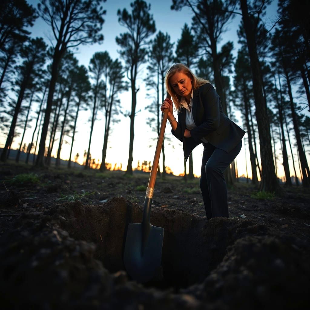 Determined Woman Digging in Dark Forest at Twilight
