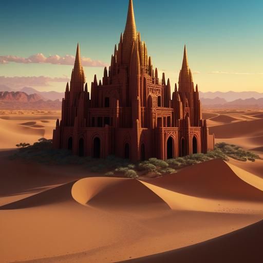 Mystical Desert Temple Concept Art in Oil Painting Style
