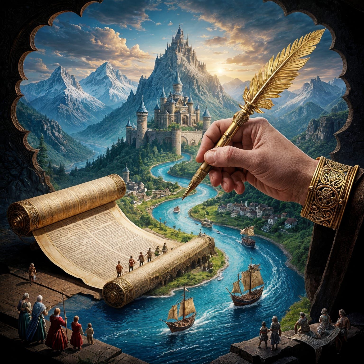 Mystical Hand Creates Living Landscape with Golden Quill