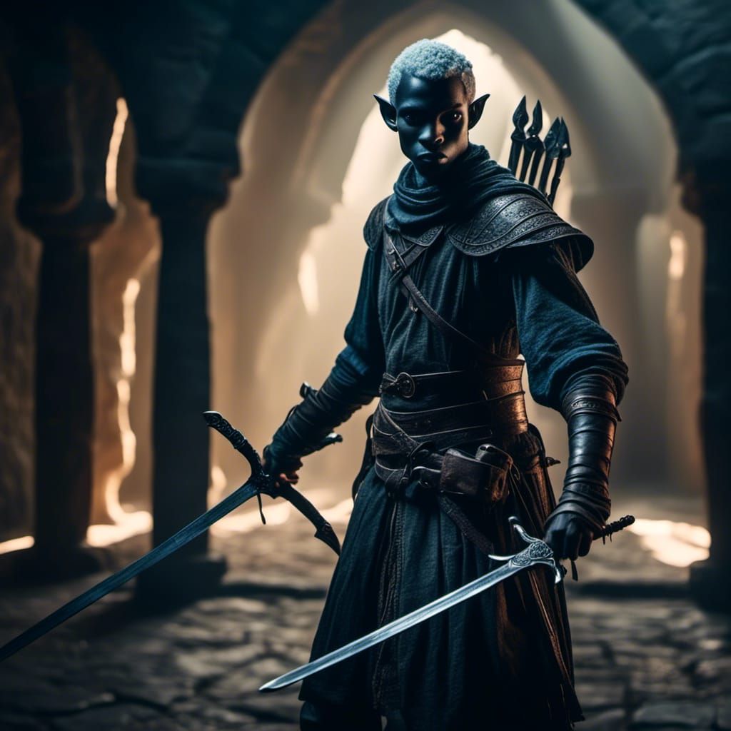 <lora:Ethnic Fantasy:1.0> a squire in training with a sword and dagger, Drow-elf, Photo_realistic  
