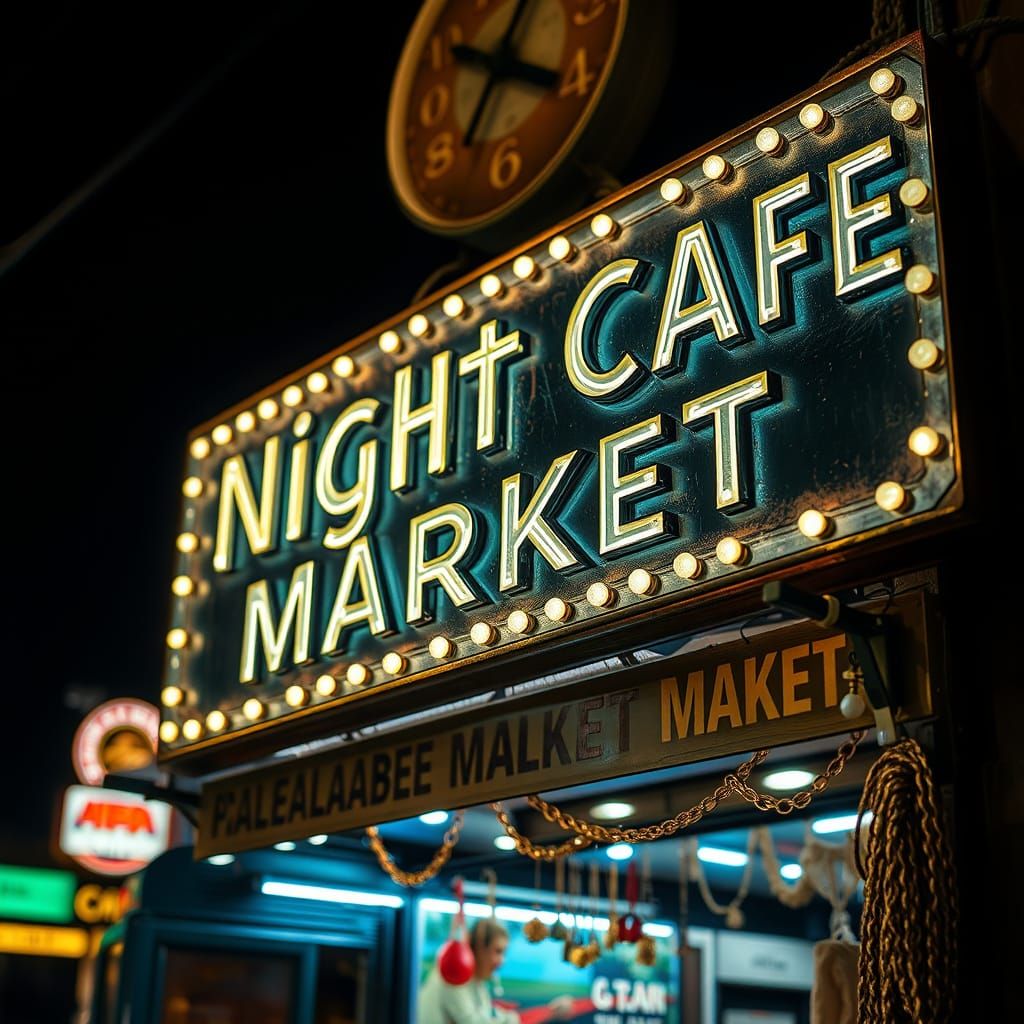 Ethereal Night Cafe Market Illuminated in Hyperrealistic HDR