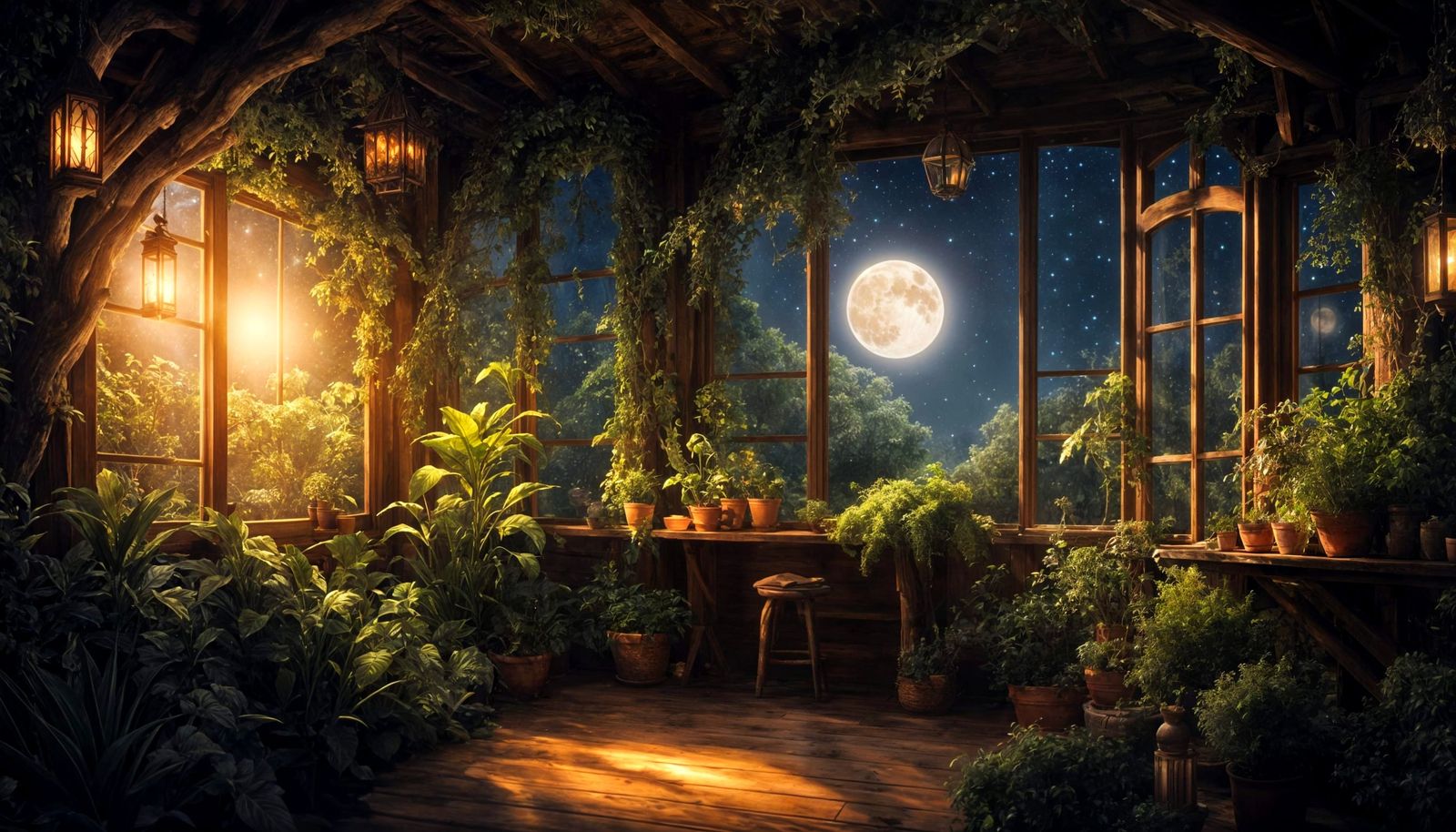 Magical Treehouse View of Luminous Full Moon
