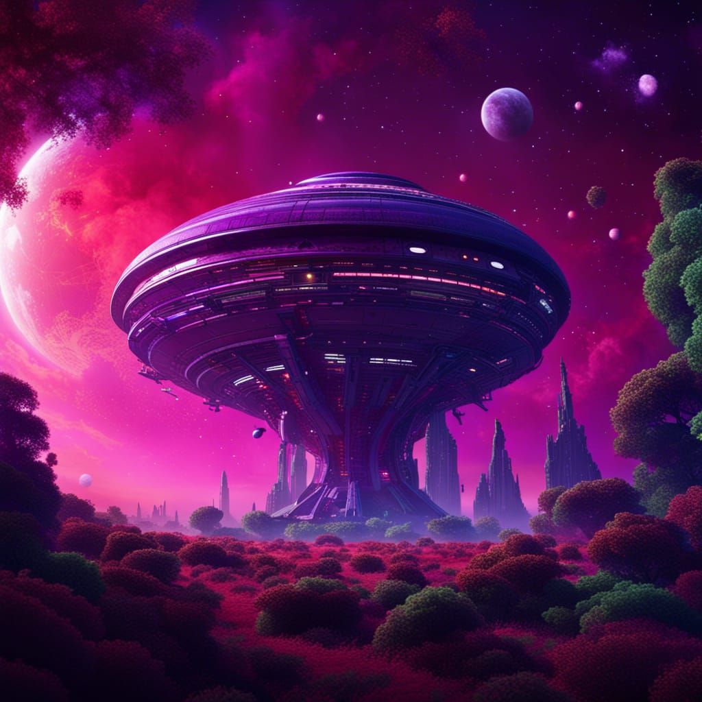 An enormous sci-fi space ship landing on a verdant purple pl...