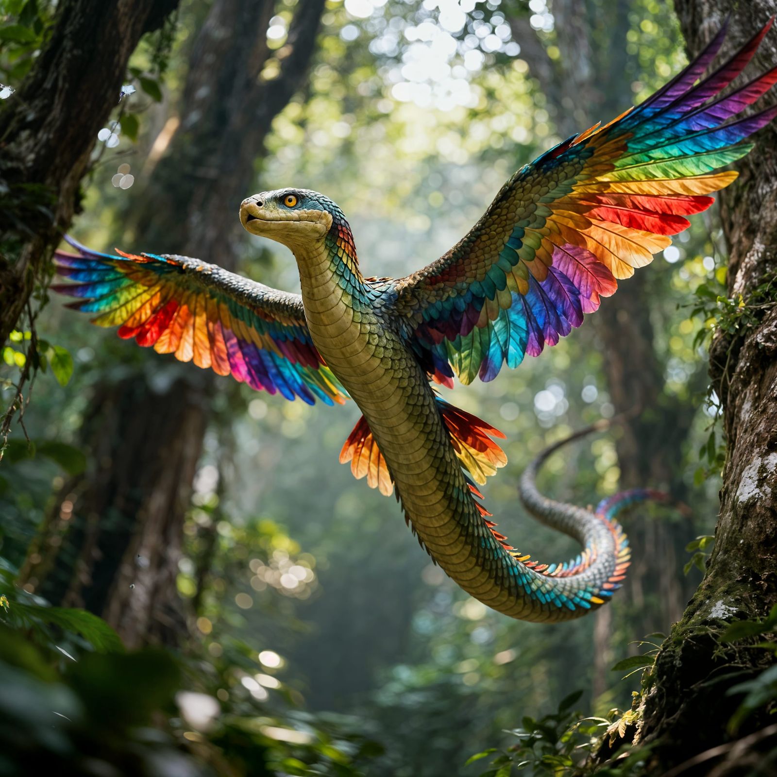 A Couatl, winged serpent, flying through the forest  by @Samuel Vimes